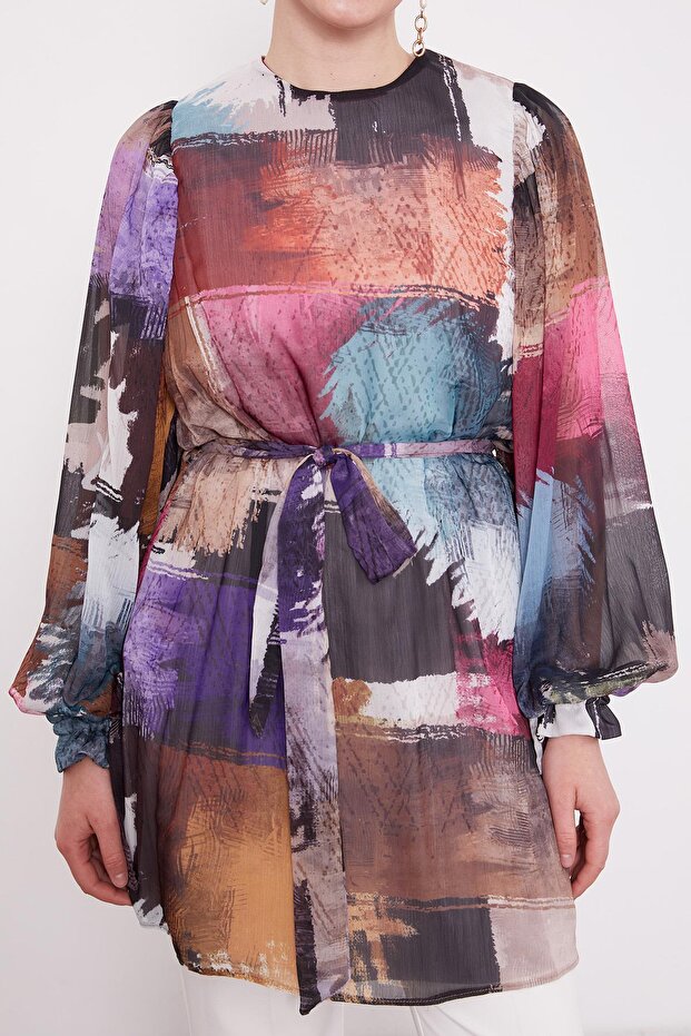 Purple Mixed Brush Pattern Chiffon Tunic - 5