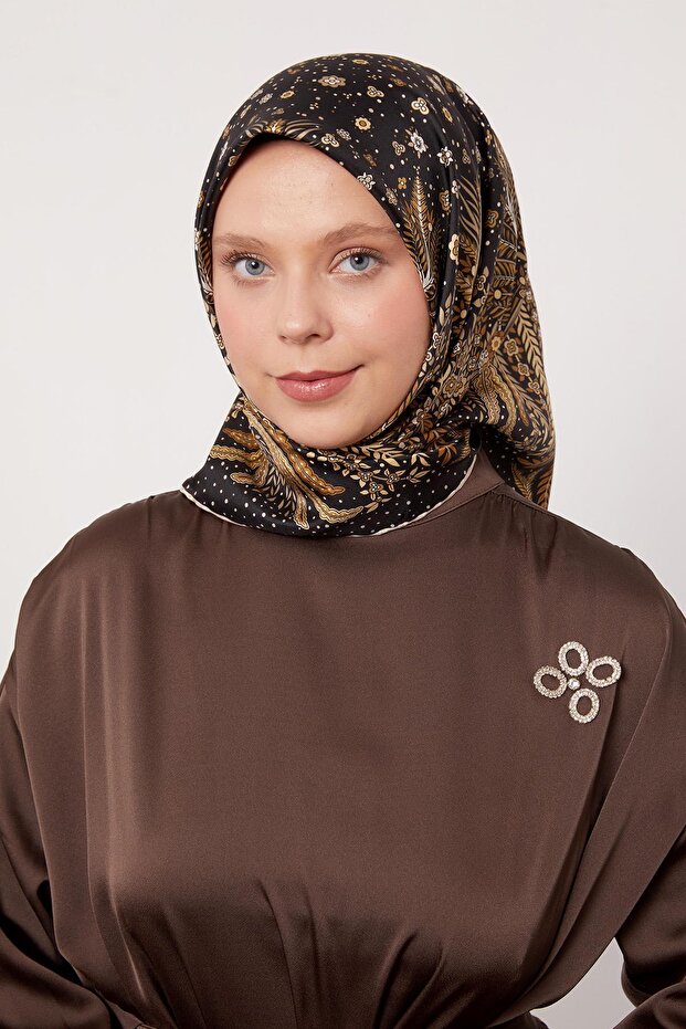 Black Leaf Pattern Twill Silk Scarf - 3