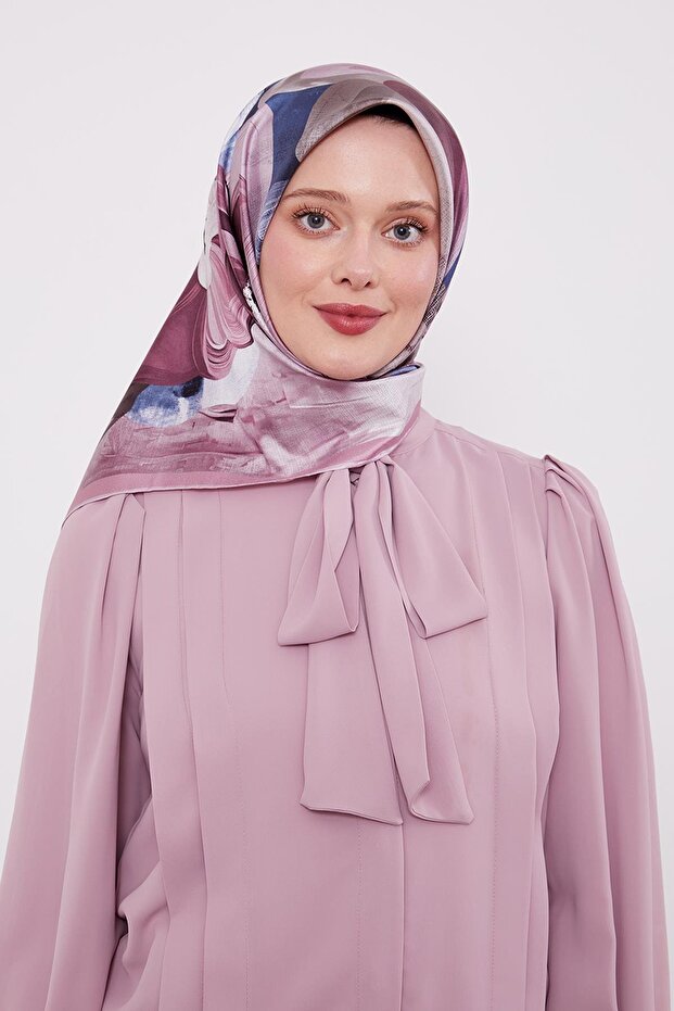 Pink Violet Pattern Twill Silk Scarf - 3