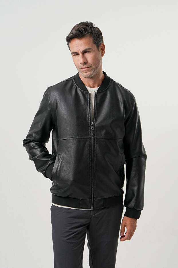 Men's Ribbed Faux Leather Coat & Jacket