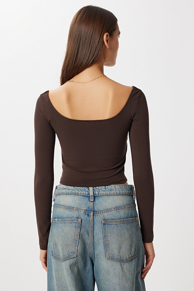 Basic Crop Örme Bluz LUB0255 ACI KAHVE - 4