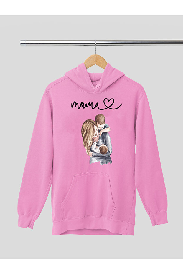 Mama Printed Cotton Long Sleeve Ribbed 3-Ply Hooded Sweatshirt