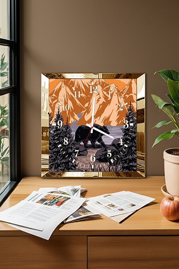 Gold Framed Silence of the Mountains Themed Decorative Mdf Wall Clock