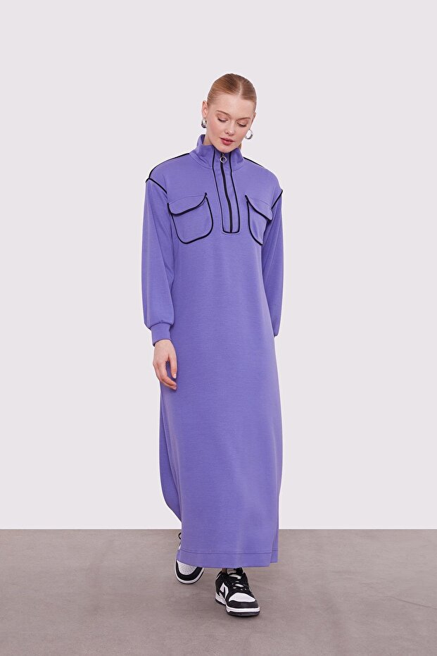 Mor Çizgi Cep Detaylı Elbise - 1