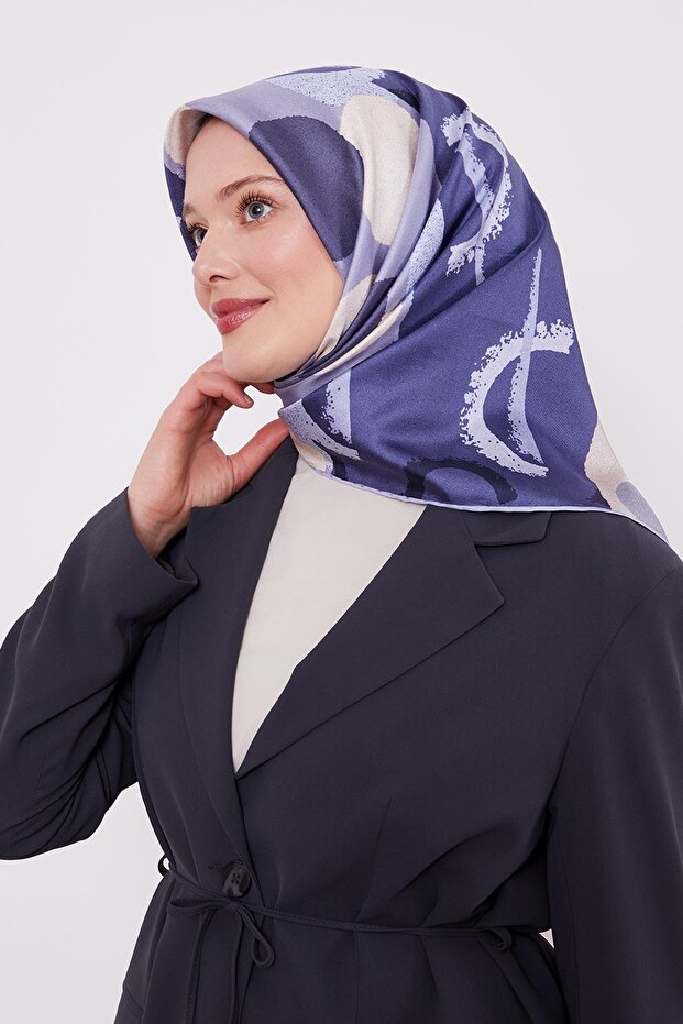 Blue Round Pattern Twill Silk Scarf - 1