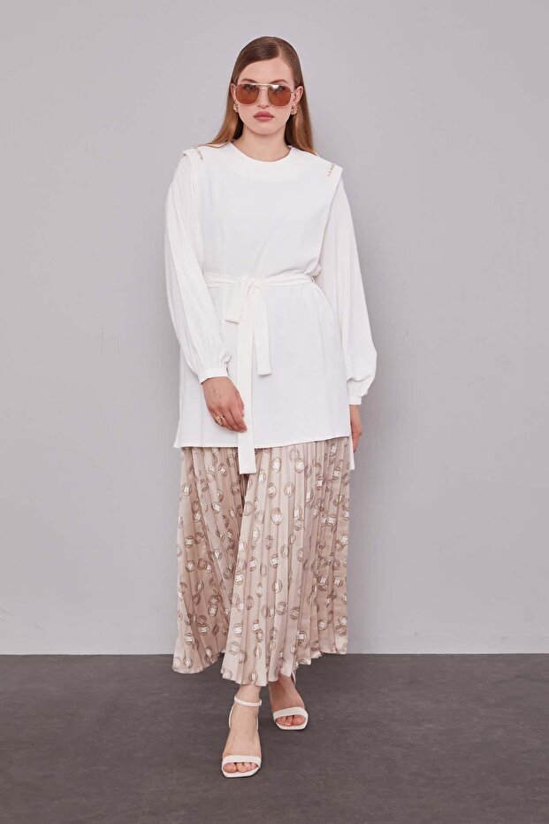 طقم تنورة منقوشة مطوية باللون البيج - 1