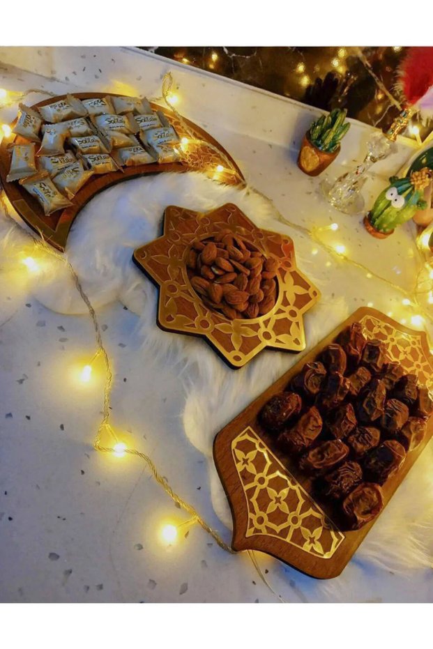 3-Piece Wooden Presentation Plate - Walnut Color Ramadan Decoration & Iftrhan Presentation Dish - Welcome Ramadan Ornament