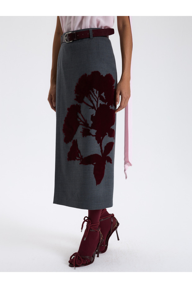 Çiçek Nakışlı Gri Etek - 4