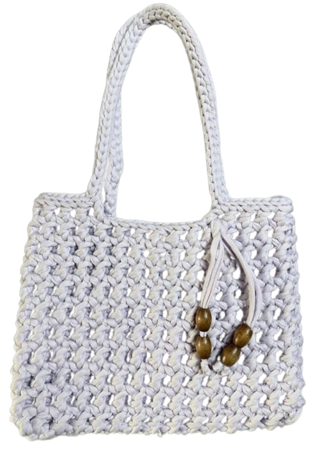 - Emine 9106 Hand Knitted Combed Cotton Fabric Shoulder Bag with Wooden Bead Detail - 27 X 21