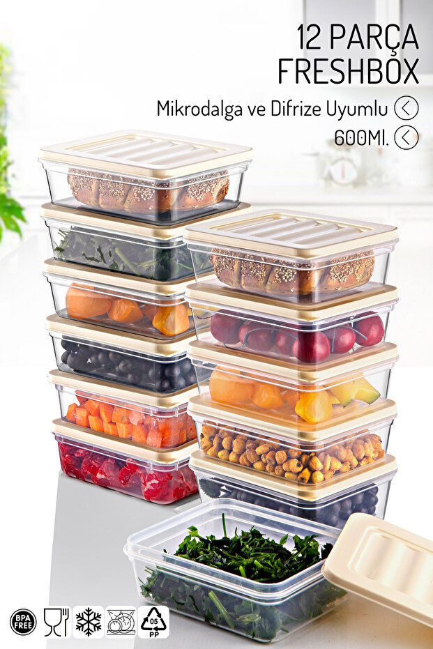 12 Pieces of 600 Ml. Freshbox Storage Container Set - Microwave and Dishwasher Compatible