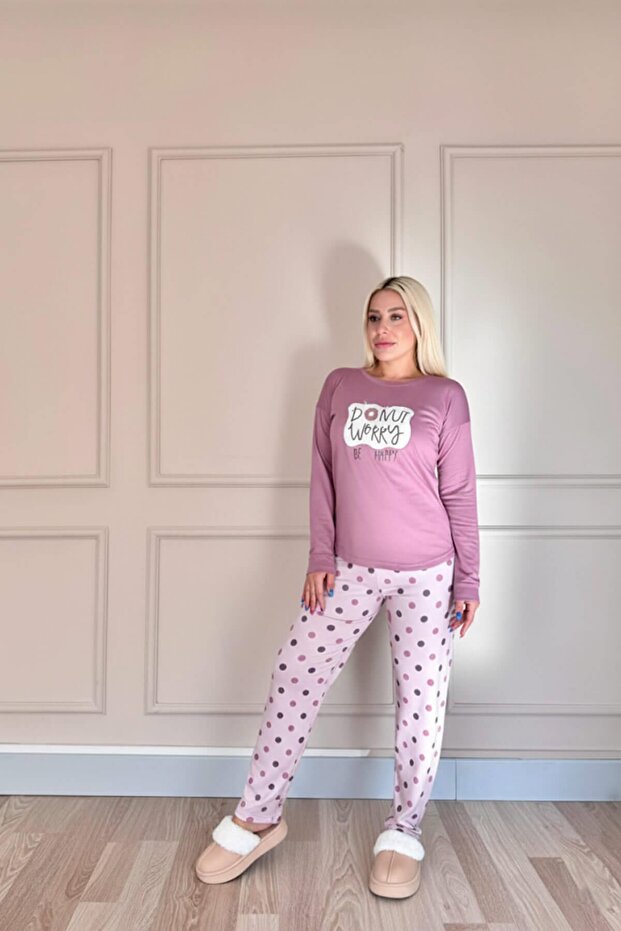Pembe Donut Worry Desenli Termal Kadın Pijama Takımı - 5