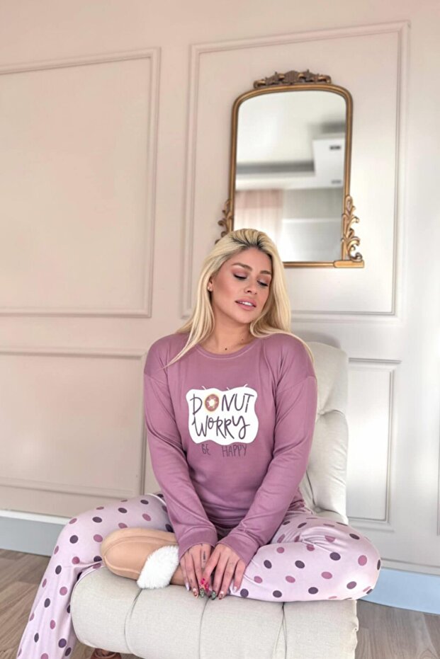 Pembe Donut Worry Desenli Termal Kadın Pijama Takımı - 2