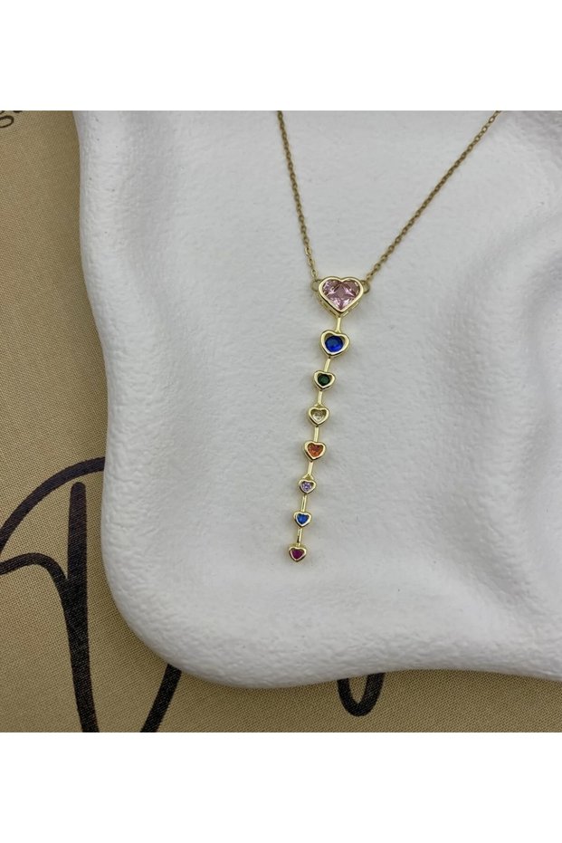 Gold Y Necklace with Colored Stone Heart