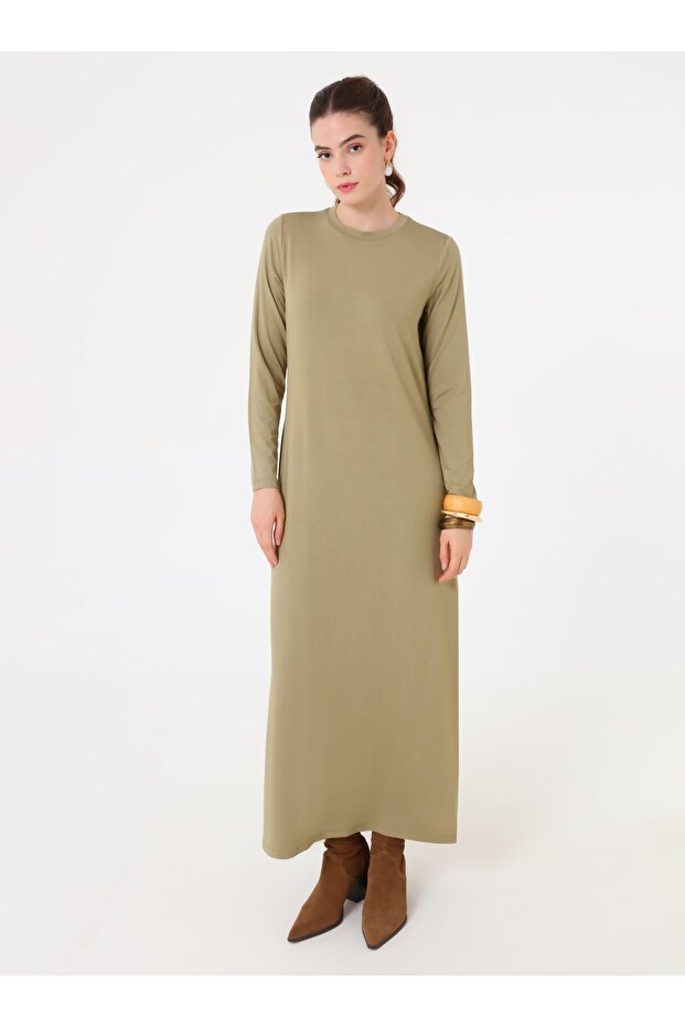 Viscose Fabric Soft Button Basic Knitted Hijab Dress - Khaki -