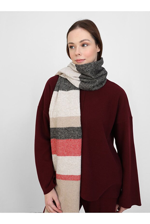 Patterned Shoulder Shawl - Black - Beige - - 3