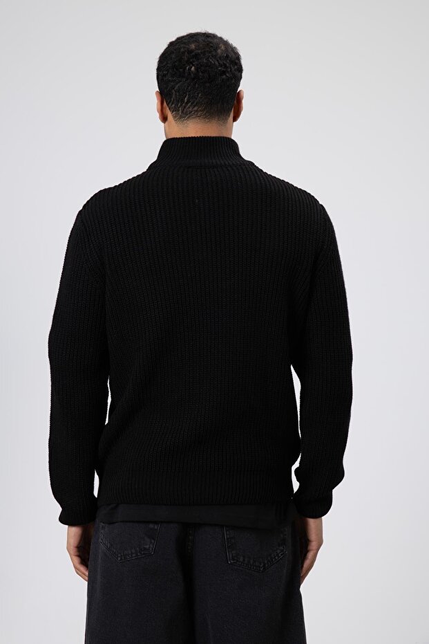 Fermuarlı Örme Triko Kazak Siyah - 5