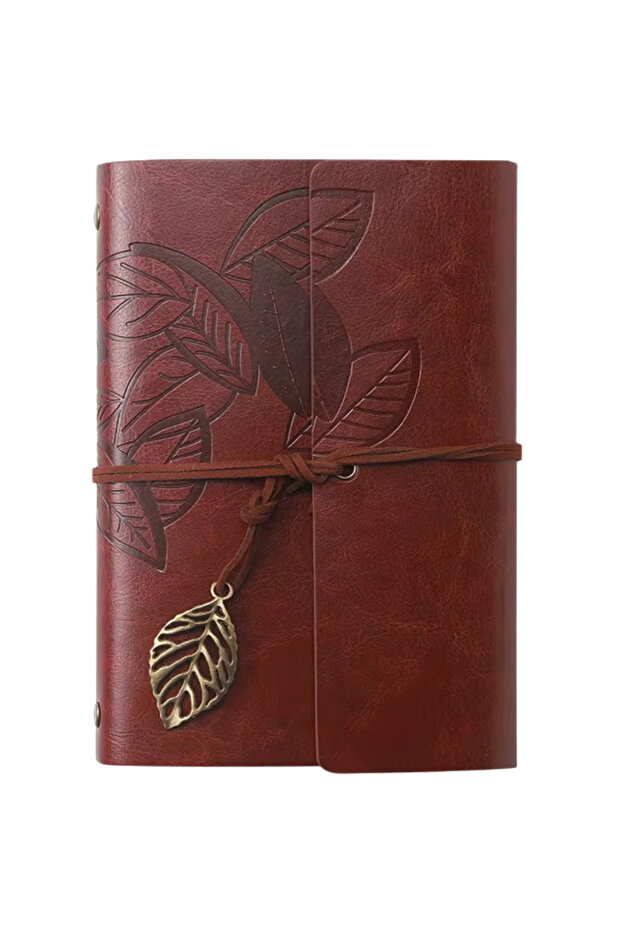 Vintage Leaf Motif Pu Leather Notebook–80 Pages Unlined Journal,14.5X10.5 Cm,Travel Notebook