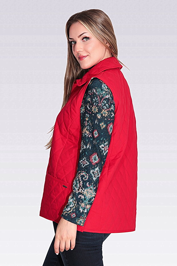 70043 KIRMIZI EKOSE ASTAR DETAYLI HAFİF ELYAF KAPİTONE YELEK - 5