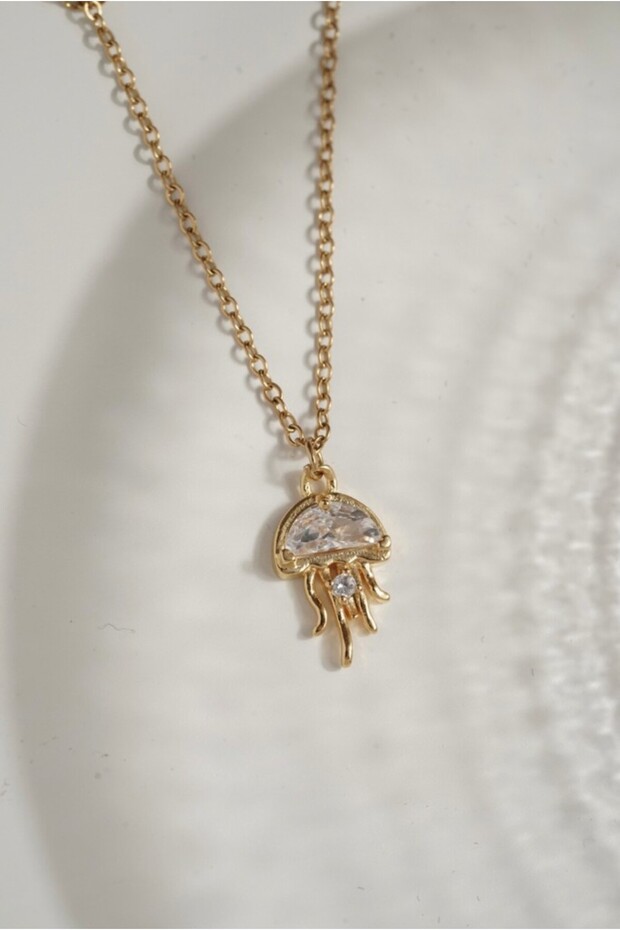 Stone Detailed Jellyfish Figured Steel Necklace