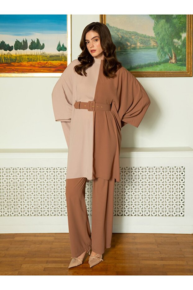 Contrast Color Belt Detailed Tunic & Trousers Set - Mink-Beige -