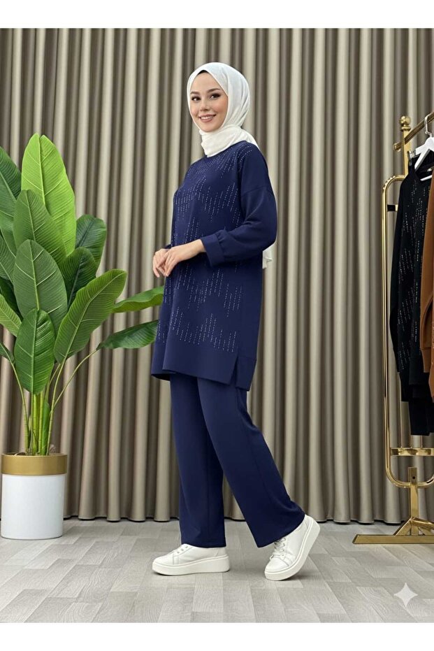 Stone Print Patterned Tunic Trousers Double Set - 3