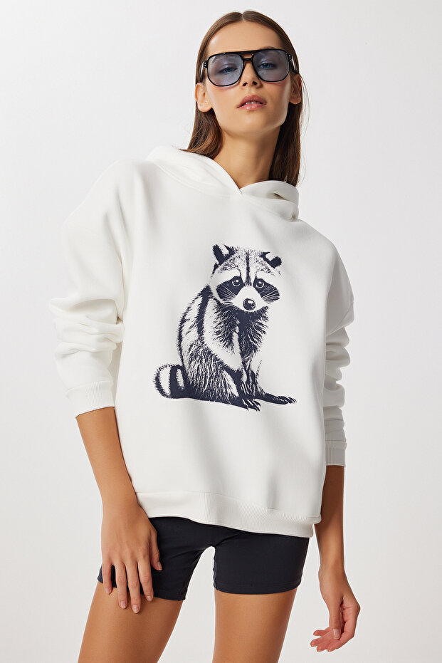 Hooded Printed Raised Knitted Sweatshirt Lub0258 Ekru