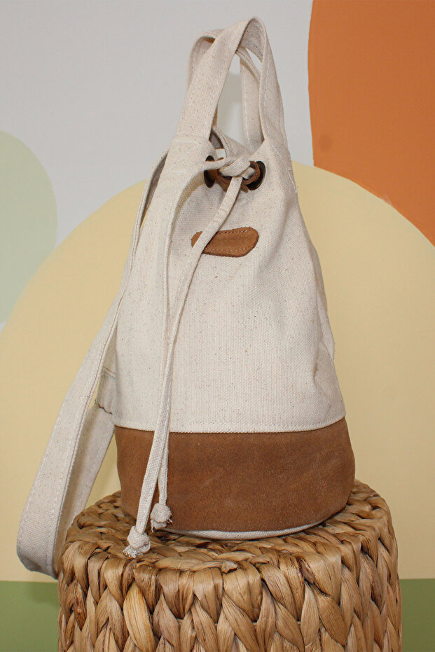 Canvas & Suede Leather Detailed Bucket Bag – Crossbody and Hand Strap