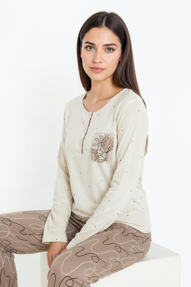 Elite Viscose Long Pajama Set with Polka Dots on Top and Six-Line Pattern on the Bottom Cream 3569 - 3