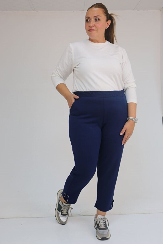 59012 Large Size Modal Pants with Bird's Eye Detail on the Legs - Indigo