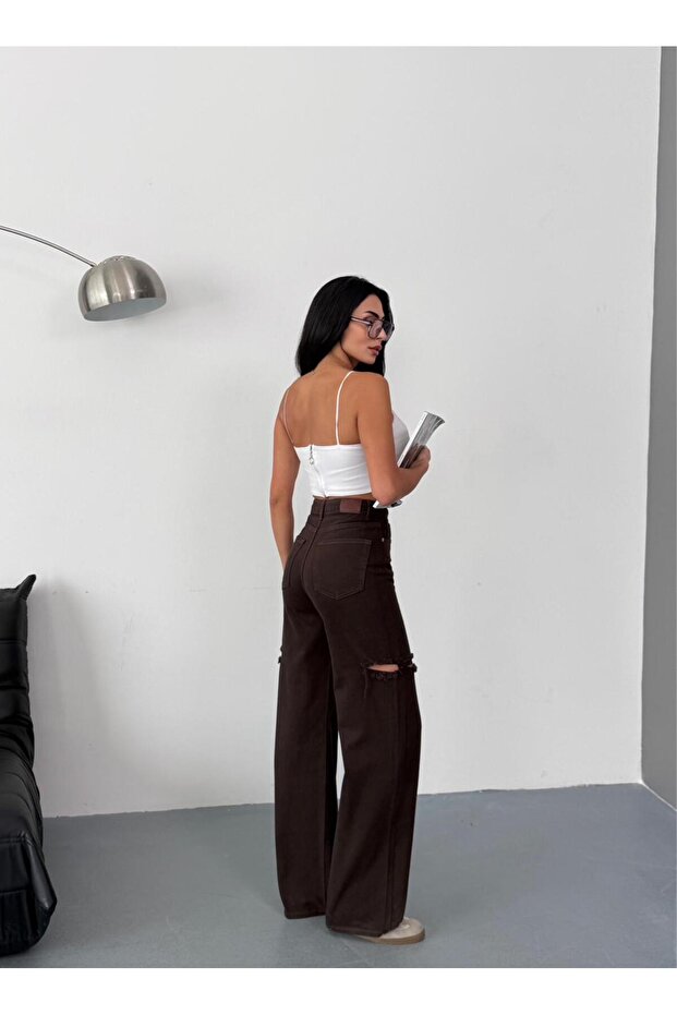 KADIN KAHVERENGİ BAGGY JEAN YÜKSEK BEL KOT PANTOLON DENİM KUMAŞ YANLARDAN LAZERLİ - 9