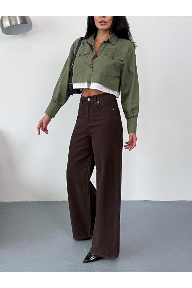 KADIN KAHVERENGİ BAGGY JEAN YÜKSEK BEL GENİŞ PAÇA KOT PANTOLON - 6