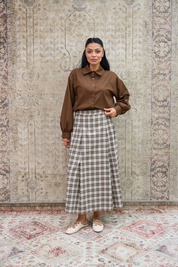 Cream Brown Plaid Pleated Skirt