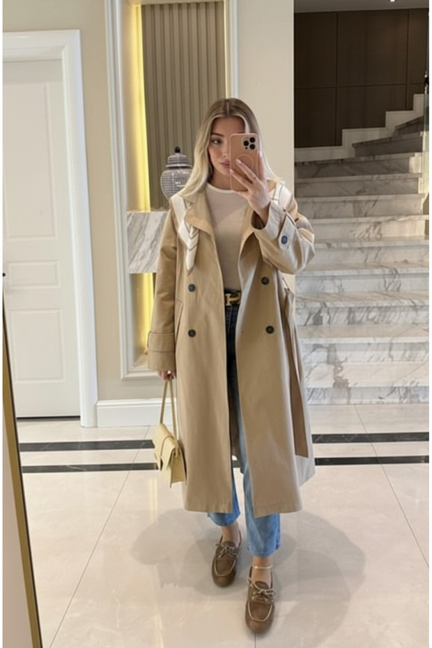 Beige Scarfed Long Trench Coat - 7535