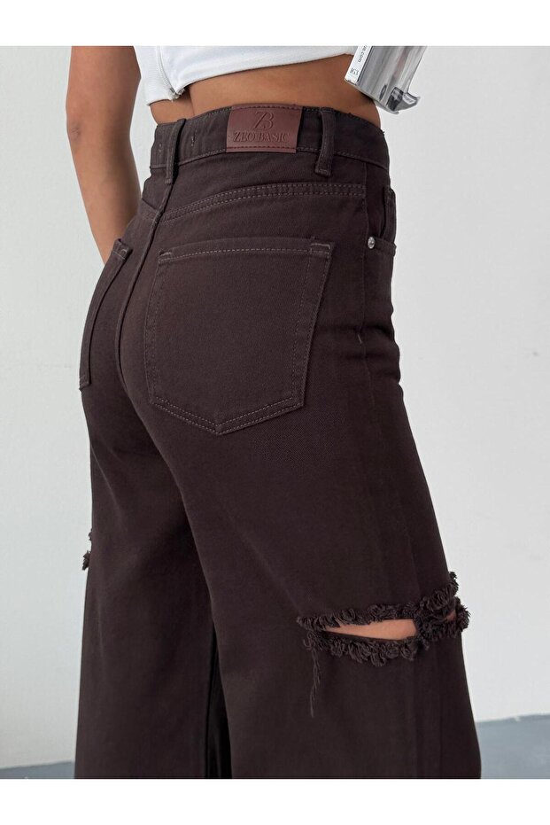 KADIN KAHVERENGİ BAGGY JEAN YÜKSEK BEL KOT PANTOLON DENİM KUMAŞ YANLARDAN LAZERLİ - 8