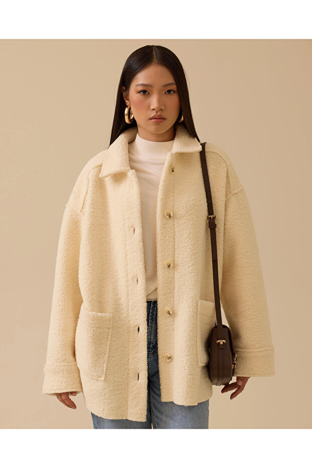 Düğmeli Oversize Peluş Kaban - 3