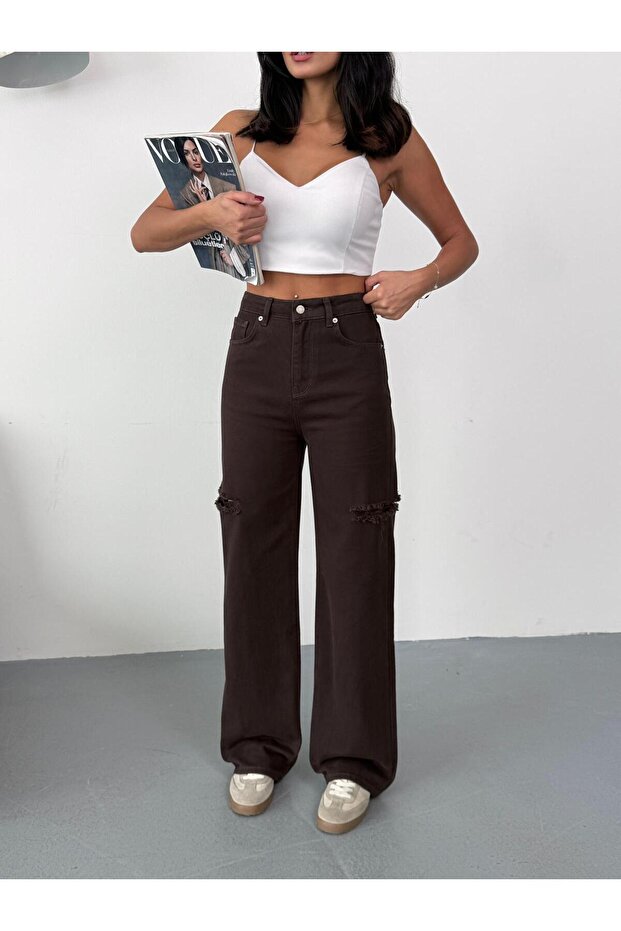 KADIN KAHVERENGİ BAGGY JEAN YÜKSEK BEL KOT PANTOLON DENİM KUMAŞ YANLARDAN LAZERLİ - 7
