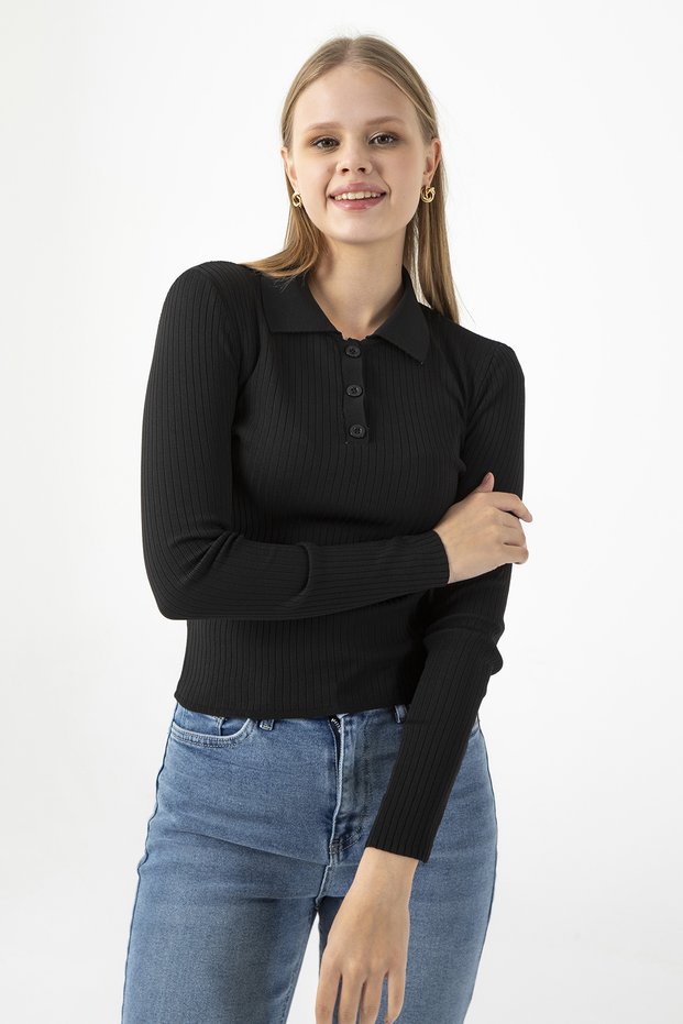 Women's Polo Neck Button Detailed Ribbed Knitwear Bodysuit Black - 25K 2057