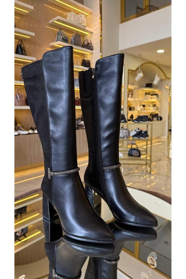 Imported Skin-Snake Leather Thick Heel Boots with Stone on the Ankle -3006-