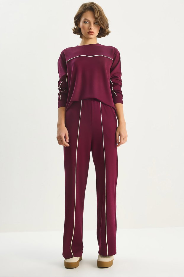 Women's Plum Color Crew Neck Long Sleeve Top with Elastic Waist, Loose Bottom with Piping Detail, Modal Set 60283620