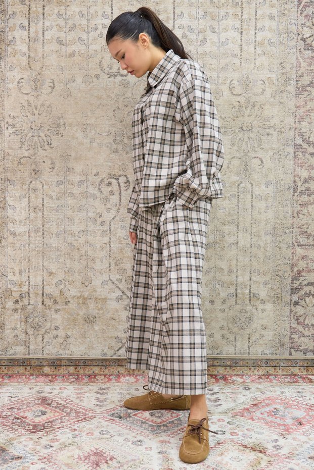 Cream Brown Cotton Plaid Pleated Trousers