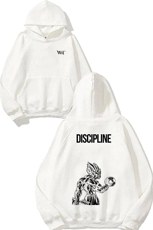 سويت شيرت أبيض بقلنسوة مطبوع عليه تصميم Discipline Design