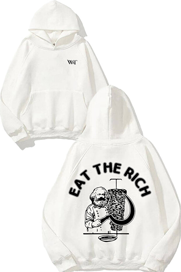 Eat the Rich Design Back Printed White Hooded Sweatshirt