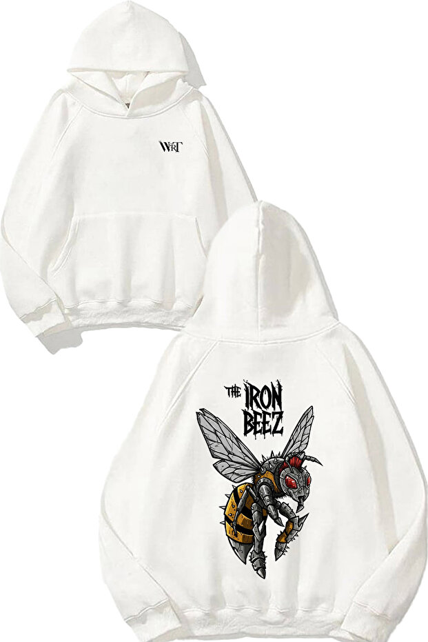 سويت شيرت أبيض بقلنسوة بتصميم Iron Beez مطبوع على الظهر