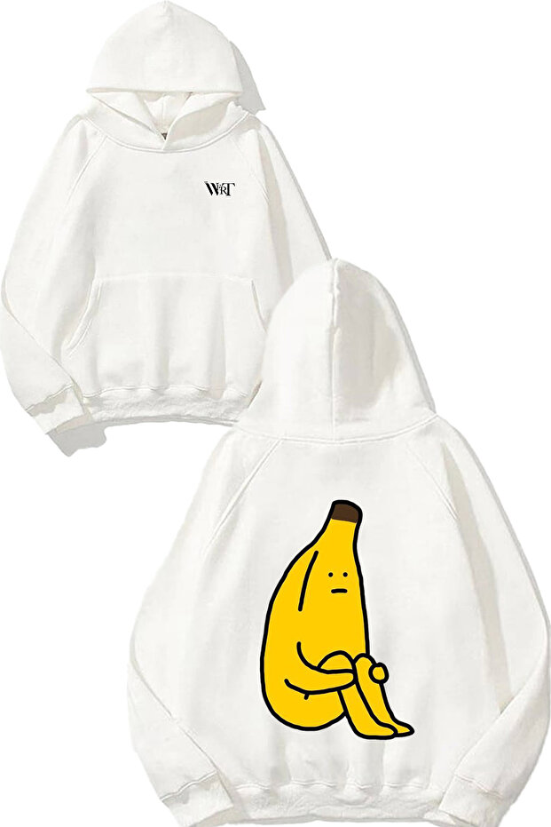 سويت شيرت أبيض بقلنسوة بتصميم Sitting Banana مطبوع على الظهر