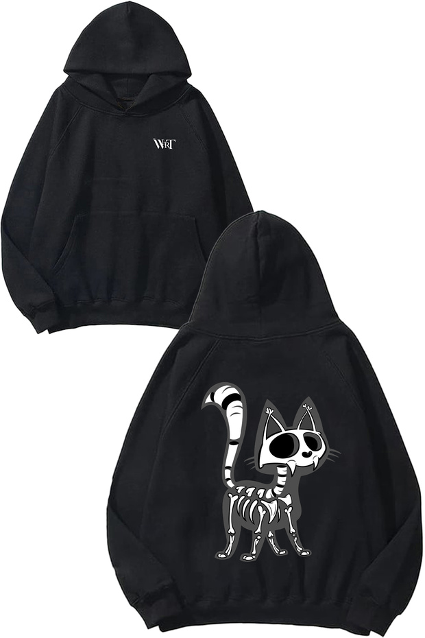 Bone Cat Design Back Printed Black Hooded Sweatshirt
