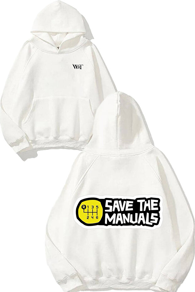 Save the Manuals Design Back Printed White Hooded Sweatshirt