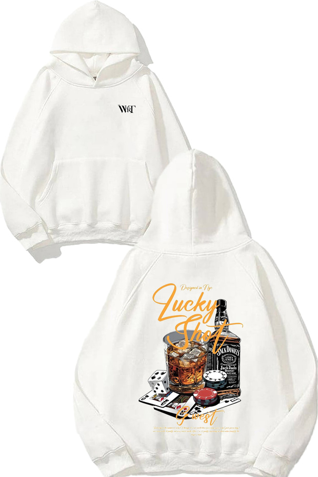 Lucky Shotlucky Shot Design Back Printed White Hooded Sweatshirt