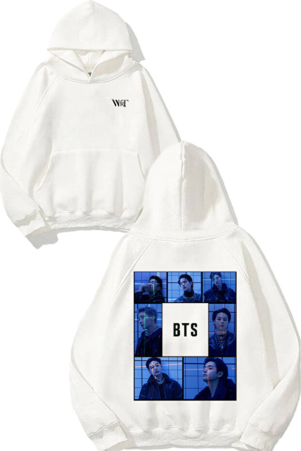 سويت شيرت أبيض بقلنسوة مطبوع عليه تصميم BTS 1