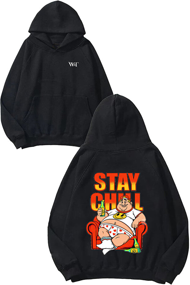 سترة بقلنسوة سوداء مطبوعة بتصميم Stay Chill