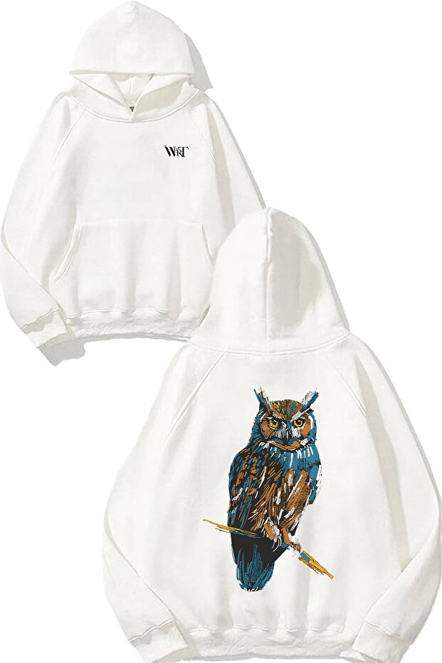 Owl Design Back Printed White Hooded Sweatshirt